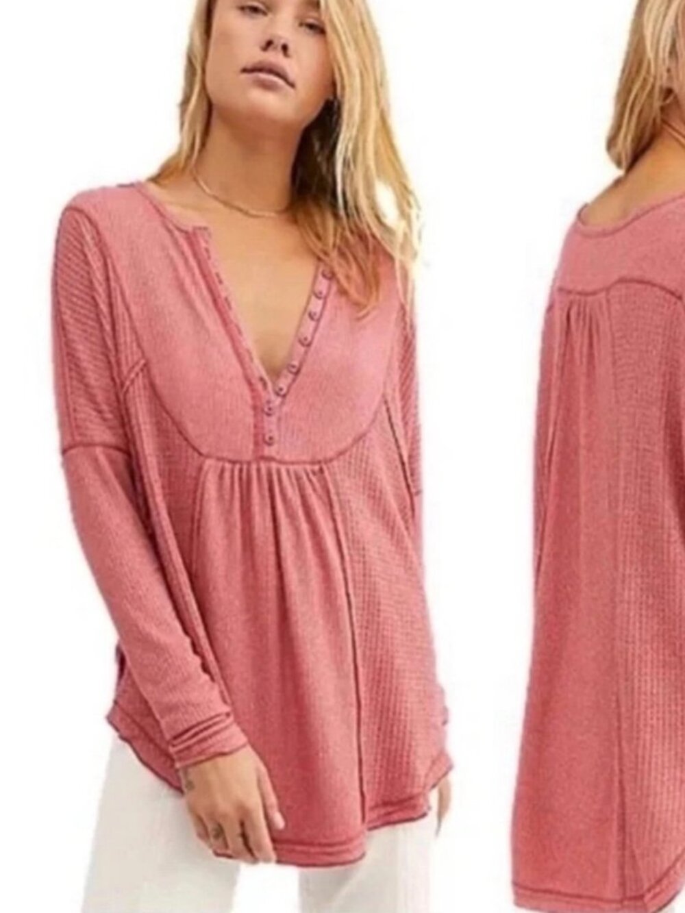 Free People We The Free Red Thermal Henley Top Size Medium Long Sleeve D16